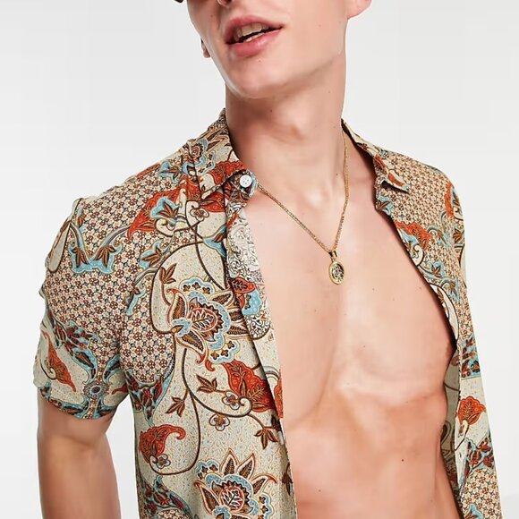NEW ASOS DESIGN regular shirt in paisley print in tan - Picture 3 of 8